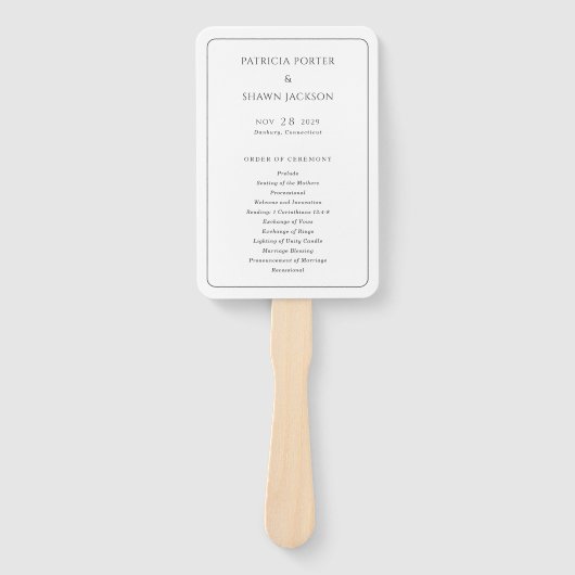 シンプル白黒エレガントな結婚式プログラム ハンドファン (正面)