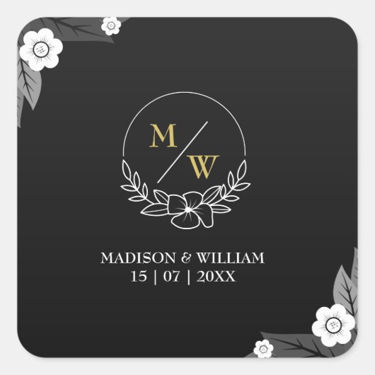シンプル白黒エレガントな結婚式 スクエアシール (正面)