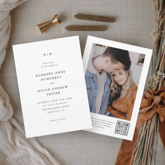 シンプル白黒エレガントな結婚式QRコード 招待状