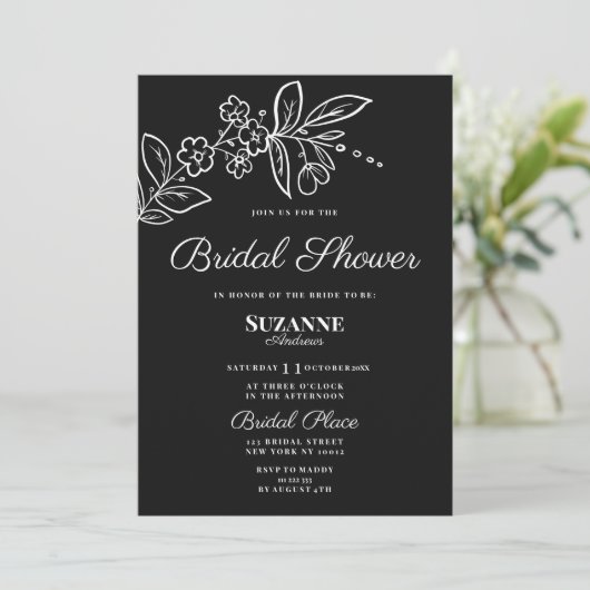 シンプル白黒エレガントフローラブライダルシャワー 招待状 (スタンド正面)