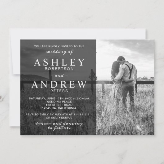 シンプル白黒エレガントモダン写真結婚の 招待状 (正面)
