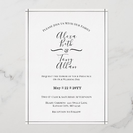 シンプル白黒カスタム銀 箔招待状 (正面)