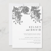 シンプル白黒グリッターフローラレ結婚ース 招待状 (正面)