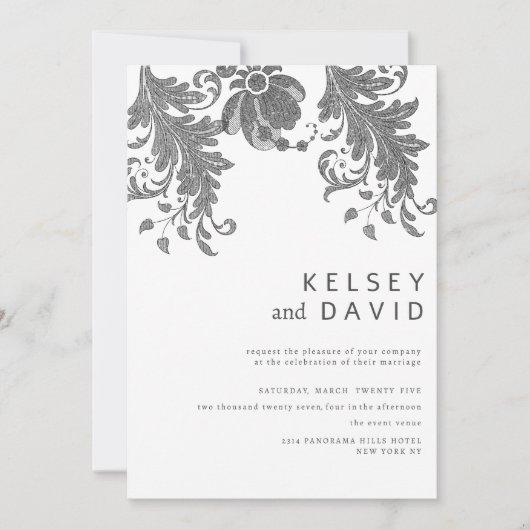 シンプル白黒グリッターフローラレ結婚ース 招待状 (正面)