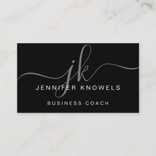 シンプル白黒グレーモエレガントノグラムスクリプト 名刺 (正面)