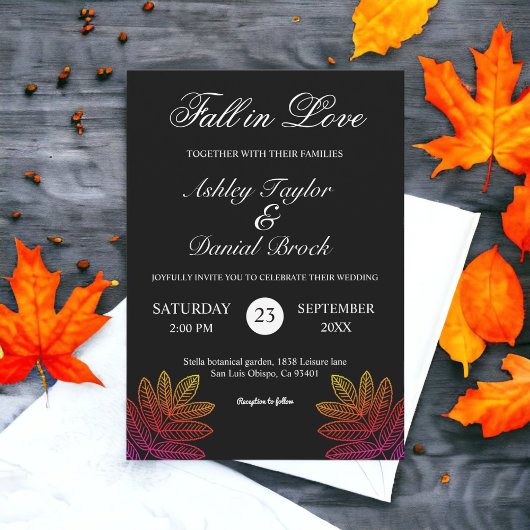 シンプル白黒グロ葉イ秋の結婚式 招待状