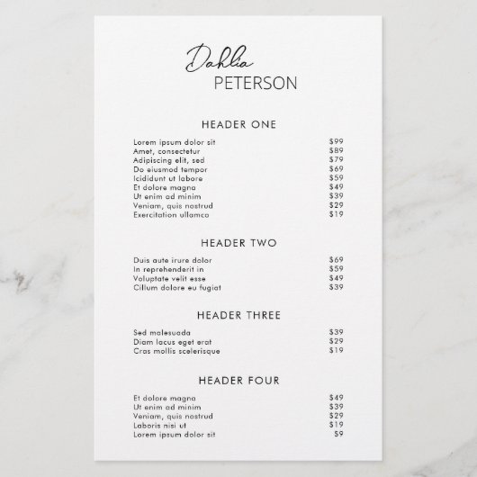 シンプル白黒コンテンポラリーモダン価格表 チラシ (正面)