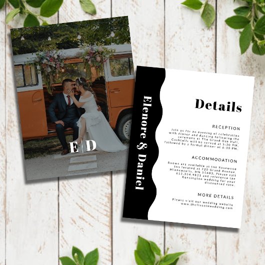 シンプル白黒サイドウェーブフォト結婚詳細 エンクロージャーカード