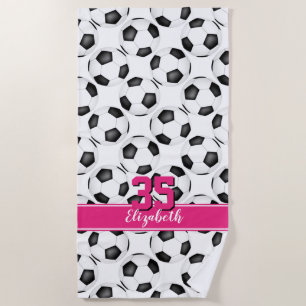 シンプル白黒サッカーボール可愛いガーリー ビーチタオル