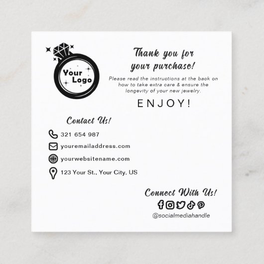 シンプル白黒ジュエリーの指気に示 スクエア名刺 (裏面)