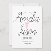 シンプル白黒スクリプトピンクハート型結婚の 招待状 (正面)