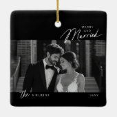 シンプル白黒スメリープ結婚したト写真 セラミックオーナメント (裏面)