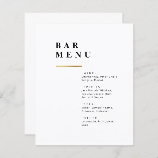 シンプル白黒タイポグラフィの結婚バーメニュー (正面/裏面)
