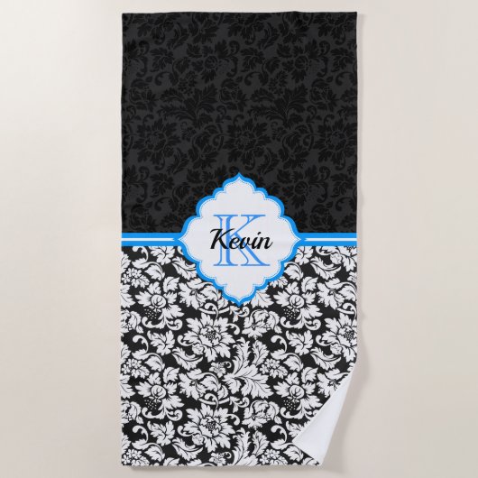 シンプル白黒ダマスク ビーチタオル (正面)