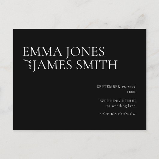 シンプル白黒バジェット結婚式招待状 インビテーションポストカード (正面)
