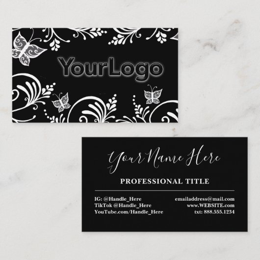 シンプル白黒バタフライミニマリストロゴ 名刺 (正面/裏面)