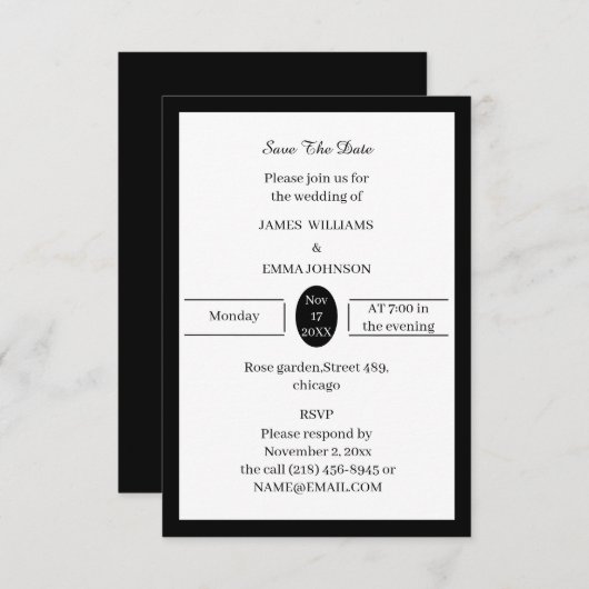 シンプル白黒パーソナライズされた セーブザデート (正面/裏面)