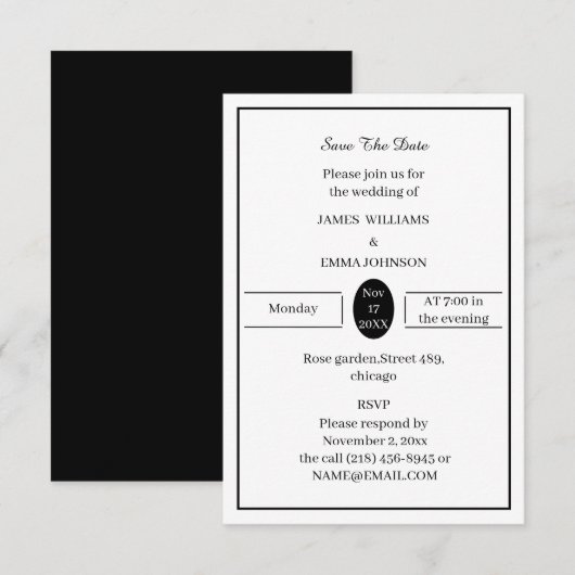 シンプル白黒パーソナライズされた セーブザデート (正面/裏面)