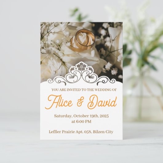 シンプル白黒フォト結婚式招待状リングや輪 招待状 (スタンド正面)