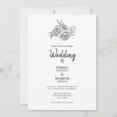 シンプル白黒フローラのアウトライン 招待状 (正面)