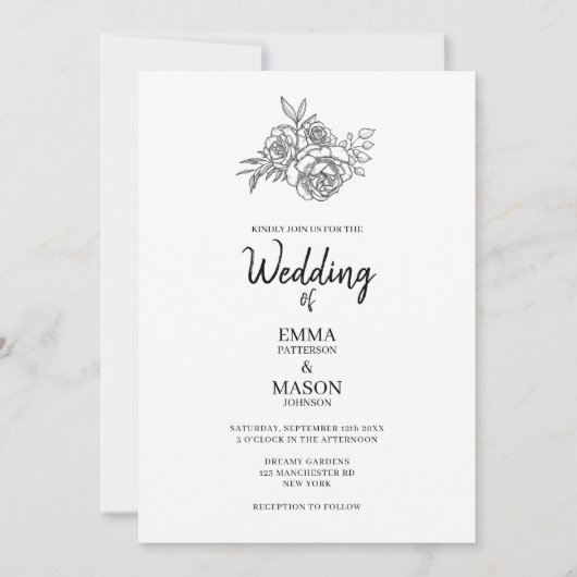 シンプル白黒フローラのアウトライン 招待状 (正面)