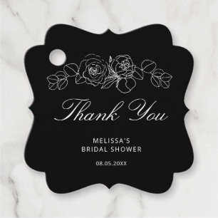 シンプル白黒フローラブライダルシャワー フェイバータグ