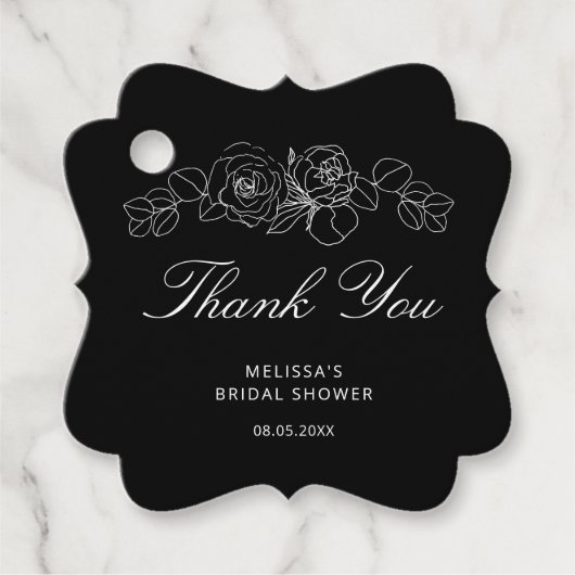シンプル白黒フローラブライダルシャワー フェイバータグ (正面)
