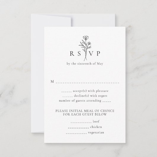 シンプル白黒フローラ垂直結婚型 出欠カード (正面)