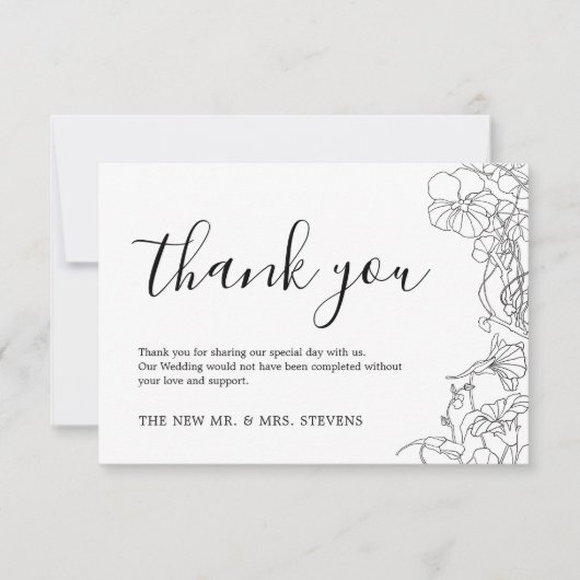 シンプル白黒フローラ結婚ズ サンキューカード (正面)