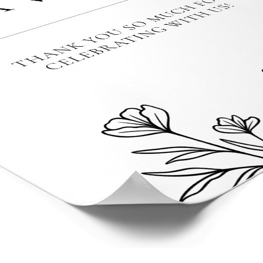 シンプル白黒フローラ結婚式の引き出物標識 ポスター (角)