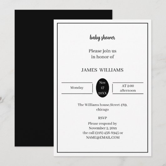 シンプル白黒ベビーシャワーパーソナライズされた 招待状 (正面/裏面)