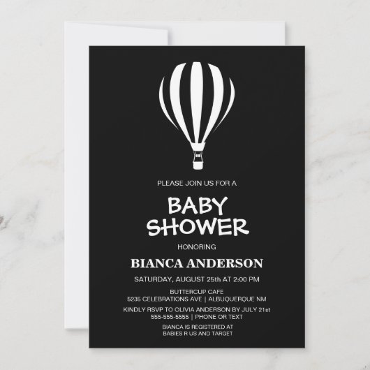 シンプル白黒ホットエアバルーン赤ちゃんシャワー 招待状 (正面)