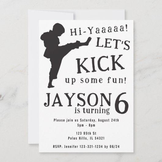 シンプル白黒ボーイー空手バースデー招待状 招待状 (正面)