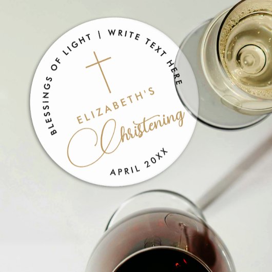 シンプル白黒ミニマル金ゴールドクロス《キリスト教》洗礼式や命名式 ラウンドペーパーコースター