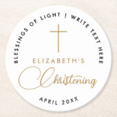 シンプル白黒ミニマル金ゴールドクロス《キリスト教》洗礼式や命名式 ラウンドペーパーコースター (正面)