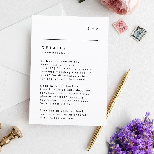 シンプル白黒モダンモノグラム詳細 出欠カード