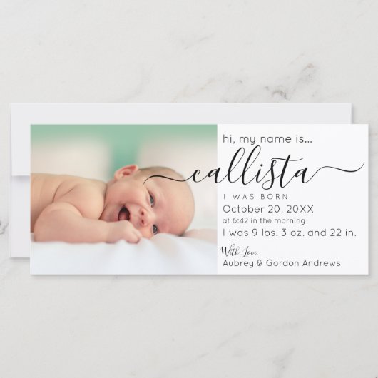 シンプル白黒モダン写真の誕生発表 (正面)