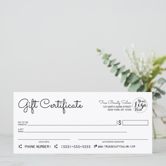 シンプル白黒モダン小切手ギフト証明書 (スタンド正面)