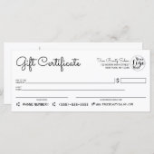 シンプル白黒モダン小切手ギフト証明書 (正面/裏面)