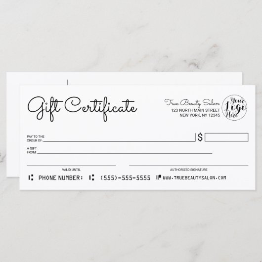 シンプル白黒モダン小切手ギフト証明書 (正面/裏面)