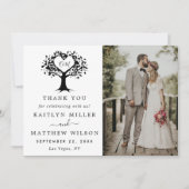 シンプル白黒モノグラムハートツリ結婚ーズ サンキューカード (正面)