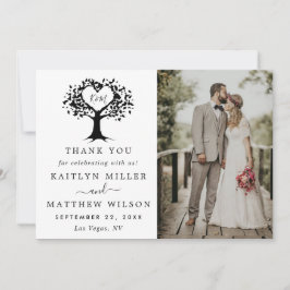 シンプル白黒モノグラムハートツリ結婚ーズ サンキューカード