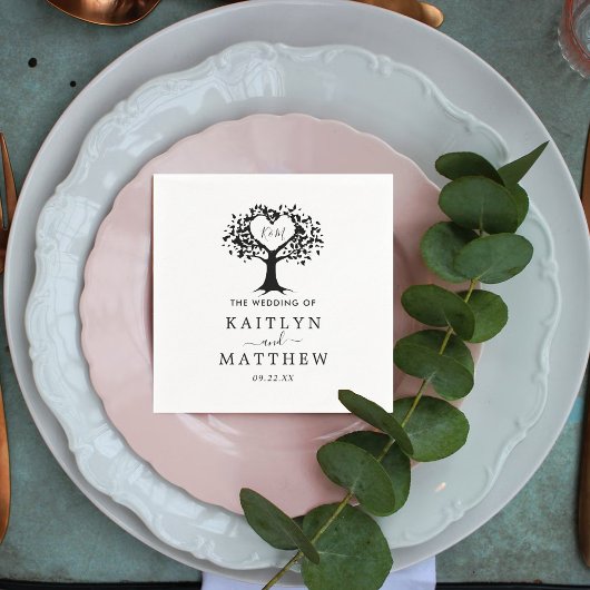 シンプル白黒モノグラムハートツリ結婚ーズ スタンダードカクテルナプキン