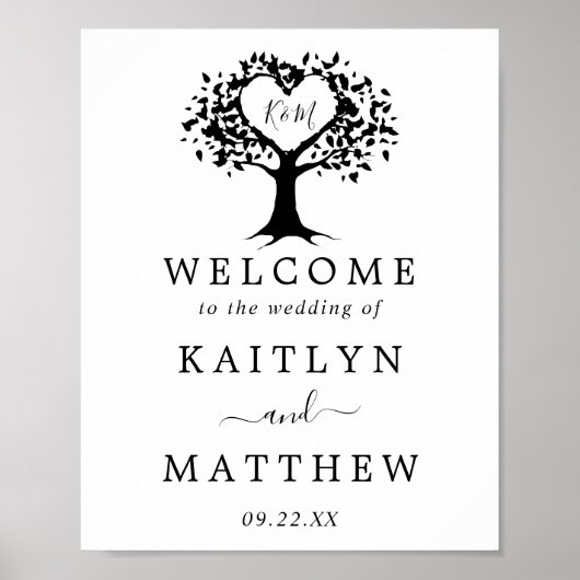 シンプル白黒モノグラムハートツリ結婚ーズ ポスター (正面)
