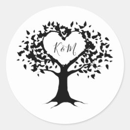 シンプル白黒モノグラムハートツリ結婚ーズ ラウンドシール