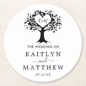 シンプル白黒モノグラムハートツリ結婚ーズ ラウンドペーパーコースター (正面)