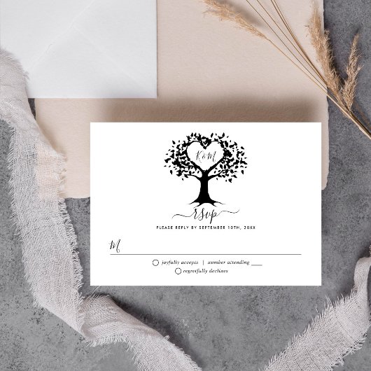 シンプル白黒モノグラムハートツリ結婚ーズ 出欠カード