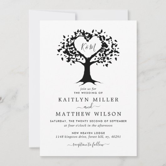 シンプル白黒モノグラムハートツリ結婚ーズ 招待状 (正面)