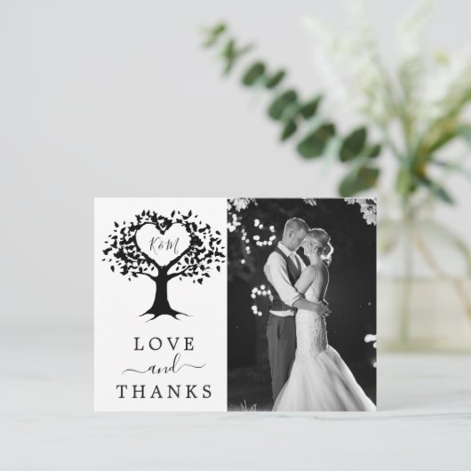 シンプル白黒モノグラムハートツリ結婚ーズ 案内ポストカード (スタンド正面)