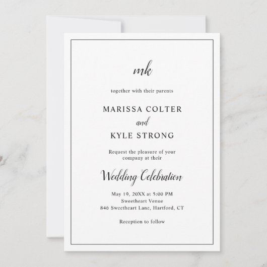 シンプル白黒モノグラムモダン結婚ズ 招待状 (正面)